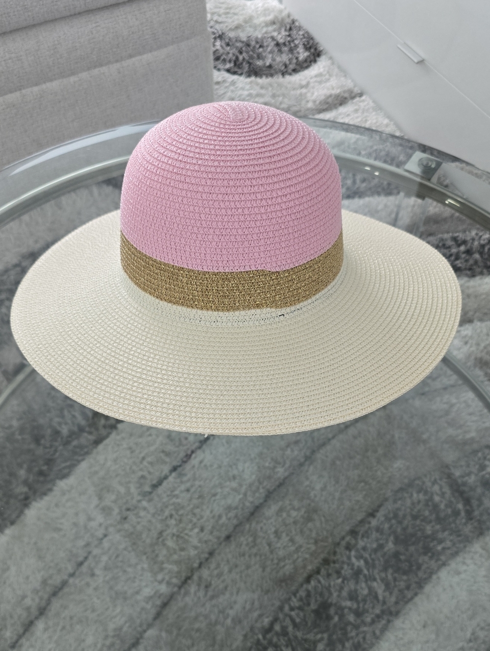 Women’s Pink Crown Straw Sun Hat with Gold Band and Cream Brim